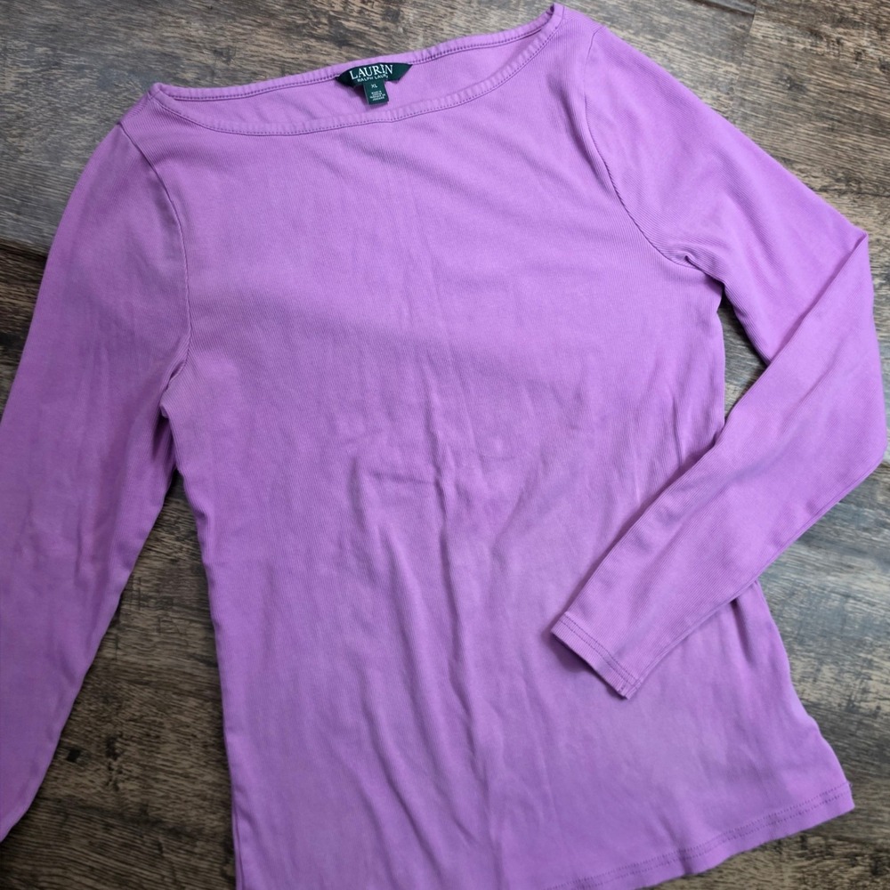 LAUREN RALPH LAUREN Top‎ Womens XL Purple Ribbed Boat Neck Button Cuff Cotton